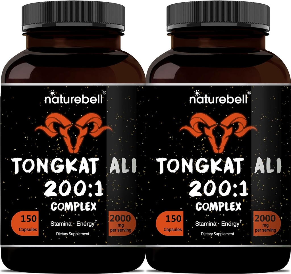Tongkat Ali 200:1 (Longjack) Extract for Men, 2000mg Per Serving, Indonesia Origin, Eurycoma Longifolia | with Panax Ginseng for Energy, Stamina, & Male Health Support (150 Count (Pack of 2))