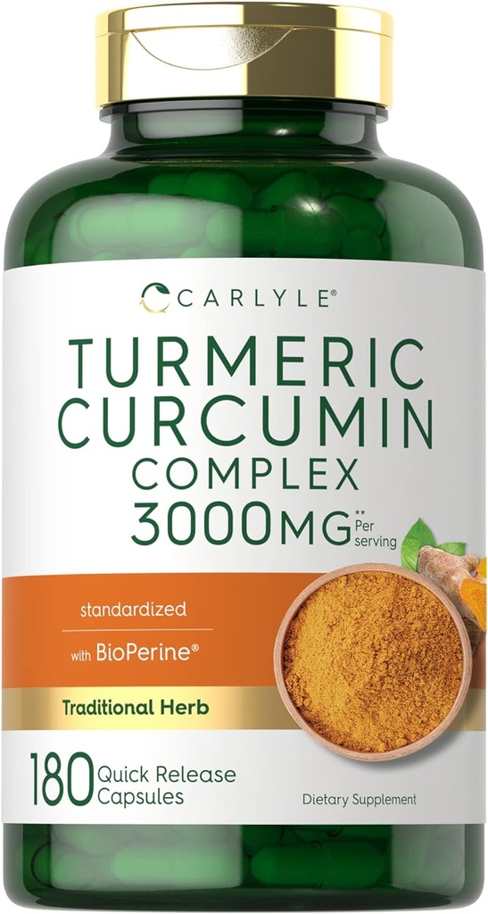 Carlyle Curcumin curcuma Supplément de 3000mg 180 Capsules avec poivre noir, curcuminoïdes et biopérine