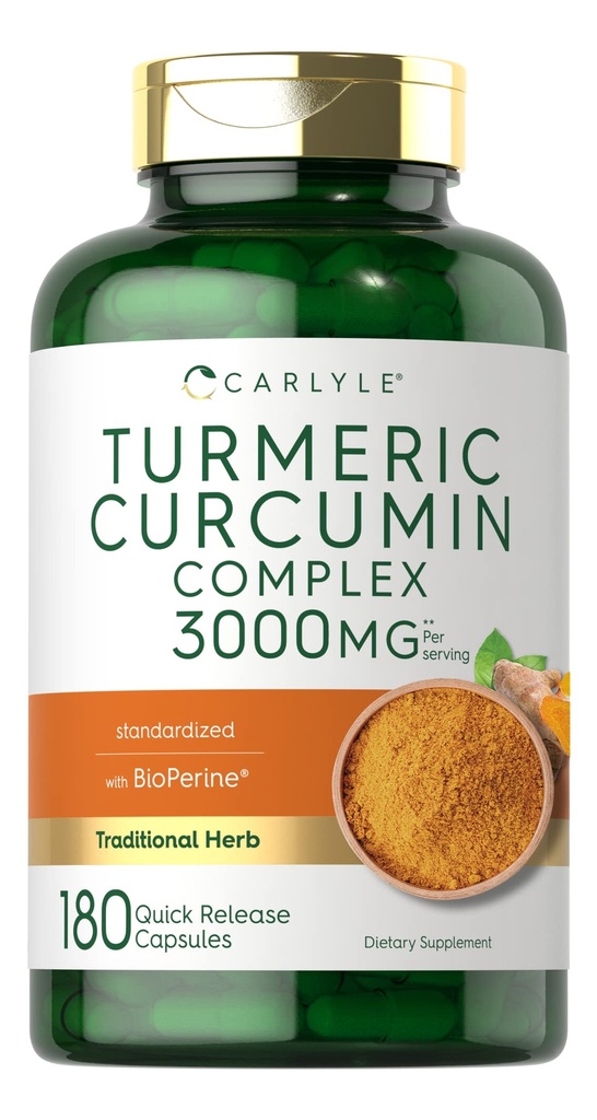 Carlyle Curcumin curcuma Supplément de 3000mg 180 Capsules avec poivre noir, curcuminoïdes et biopérine