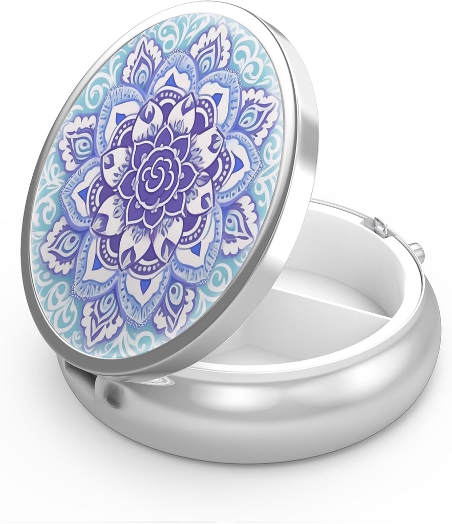 Pill Box 3 Compartiment petit cas de pilule, Portable pour Pocket ou Purse Pill Organizer Porte-conteneur de pilule pour tenir les vitamines, médicaments, huile de poisson et suppléments (Mandala Blue)