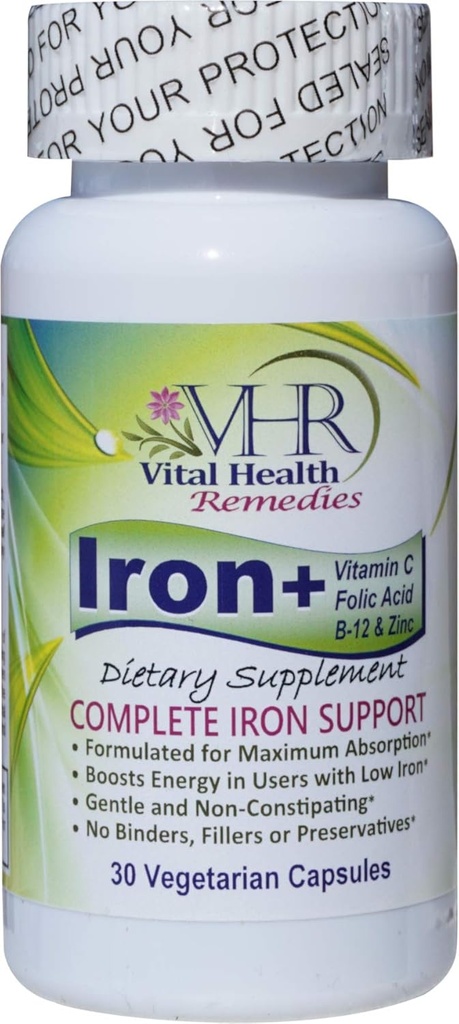Iron+ avec vitamine C, acide FOLIC, B-12 et ZINC sans réserve, doux et non constipant formulé pour l'absorption maximale. 30 Casquettes végétatives - remèdes pour la santé vitale