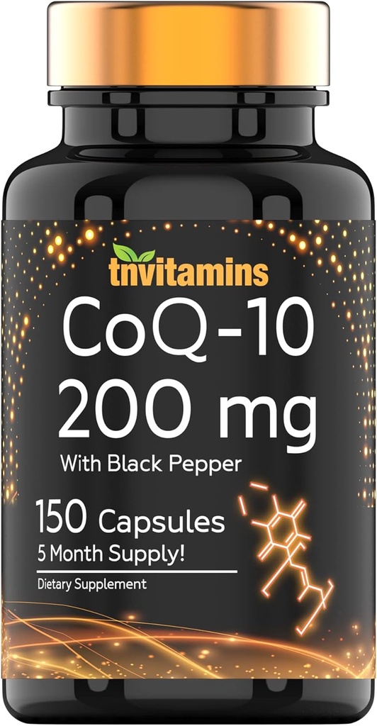 Tnvitamins CoQ-10 200mg - 150 Capsules avec extrait de poivre noir (en anglais) 5 mois d'approvisionnement!
