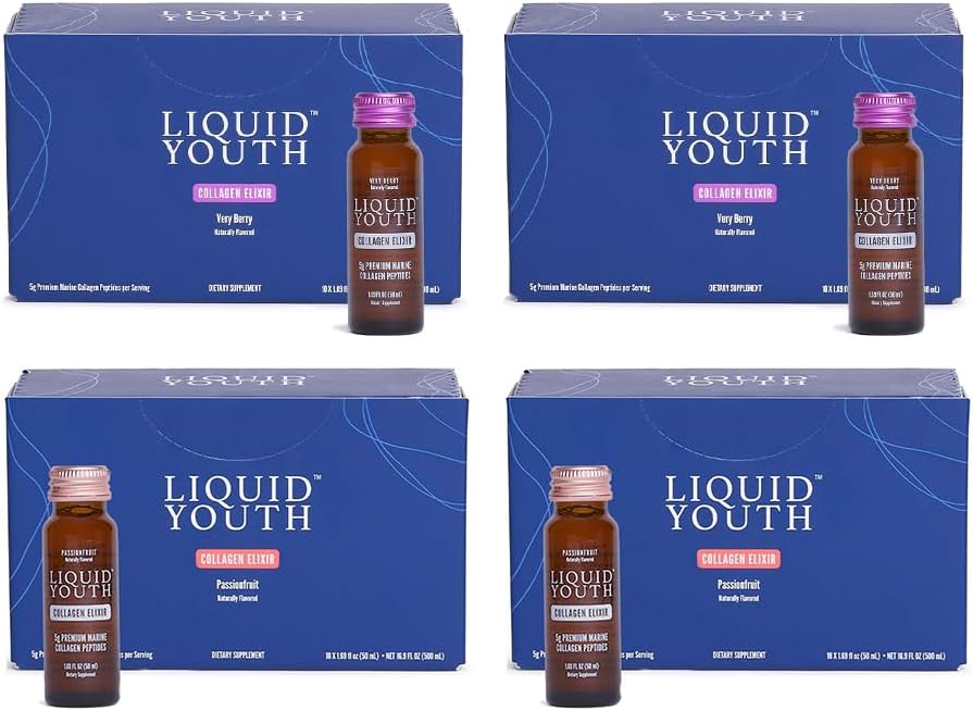 Collagène liquide Elixir Shots pour les femmes et les hommes - Collagène liquide marin premium pour la croissance des cheveux, la peau, les ongles, les os et la santé articulaire - Pré-mélangé, voyage-friendly (Fruits de la passion et très baie, 40 portions)
