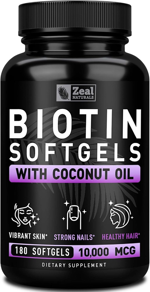 Zeal Naturals Biotin with Coconut Oil for Hair 10000mcg (180 Softgels) Supplement - Biotin Pills for Hair Skin and Nails Vitamins for Women Capsules for Men Hair Growth 6 mo Supply