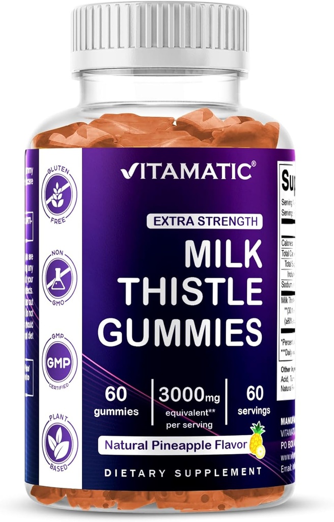 Gummies de chardon de lait vitamatique- 10000 mg Équivalent par portion (à partir de 50:1 Extrait 200 mg)- Detox hépatique et anti-oxydant santé - Min. 80% Silymarin Flamonoïdes - 60 Gummies à base de pectine