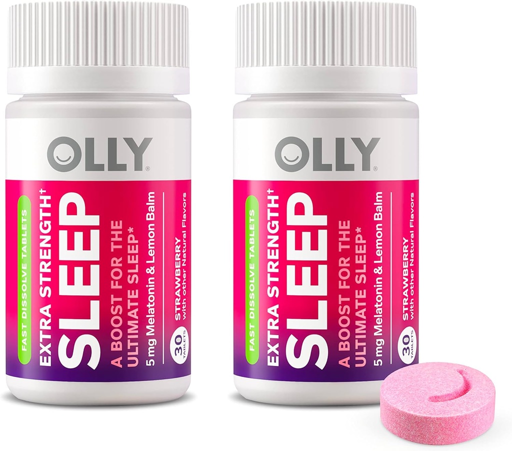 OLLY Extra Strength Sommeil Dissoudre rapidement les comprimés, 5 mg de mélatonine, végétalien, fraise - 60ct