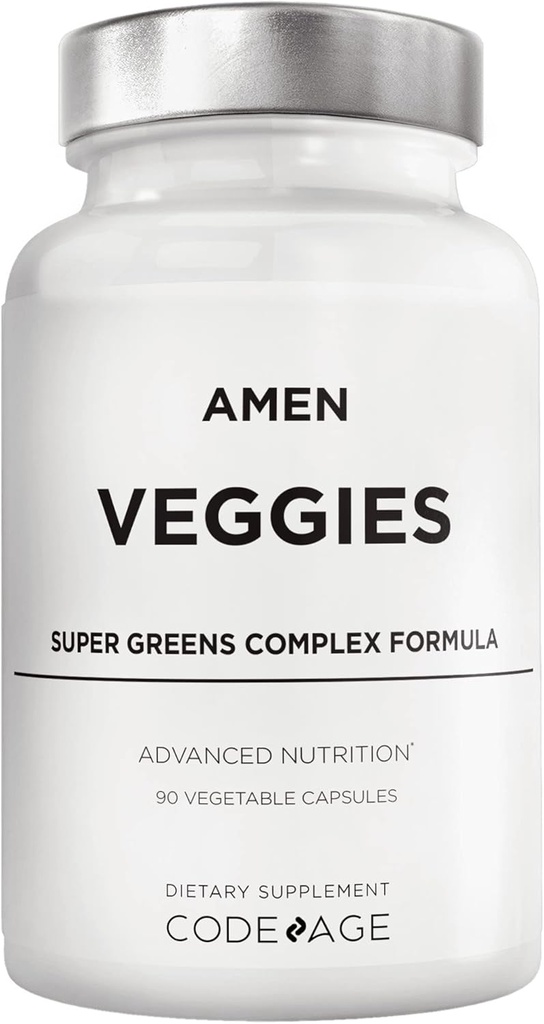 Amen Végéties, Végétaux quotidiens Supplément vitamines, Légumes Mélange végétalien et aliments entiers Verts crus Capsules multivitamines, Complexe de champignons, Superaliments, Minéraux, Nutriments végétaux verts, Non-OGM, 90 ct