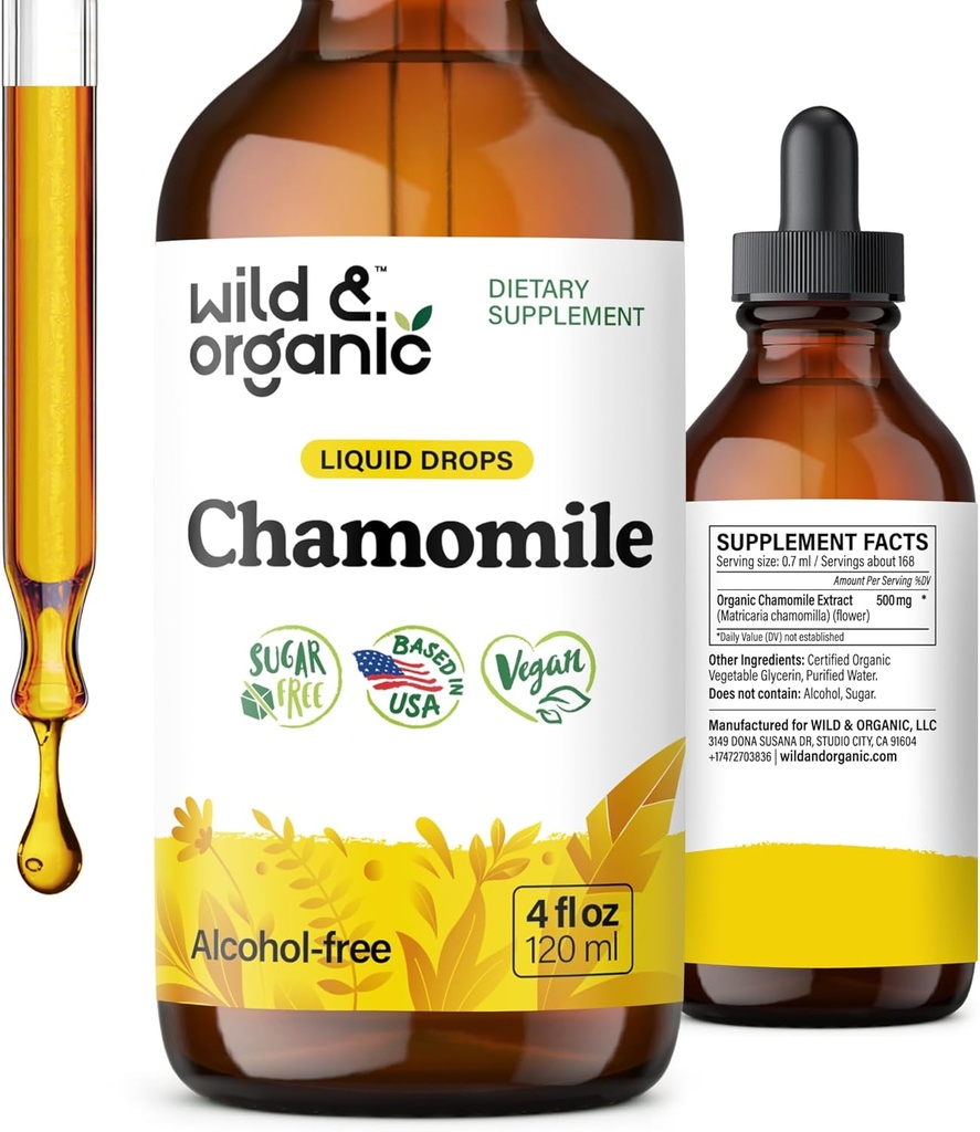 Teinture de fleurs de camomille sauvage et biologique - Supplément calmant pour la détente - Extrait de camomille gouttes liquides - Vegan, sucre et sans alcool - 4 fl oz