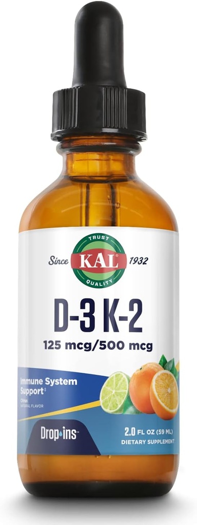 KAL D3 K2 DropIns 125 mcg / 500 mcg Vitamine liquide D3 K2 Drops, Bone Health, Heart Health and Immune Support Supplément, Flaveur d'agrumes naturels, Garantie de remboursement de 60 jours, Env. 59 Servir, 2 FL OZ