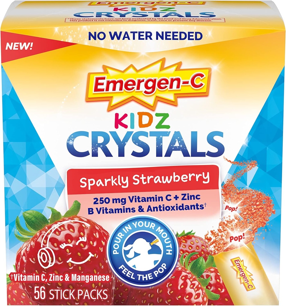 Emergen-C Kidz Crystals, supplément de soutien à l'immuno-émergen-C avec vitamine C, vitamine B, zinc et manganèse, fraise étincelante, stuffing - 56 Stick Packs