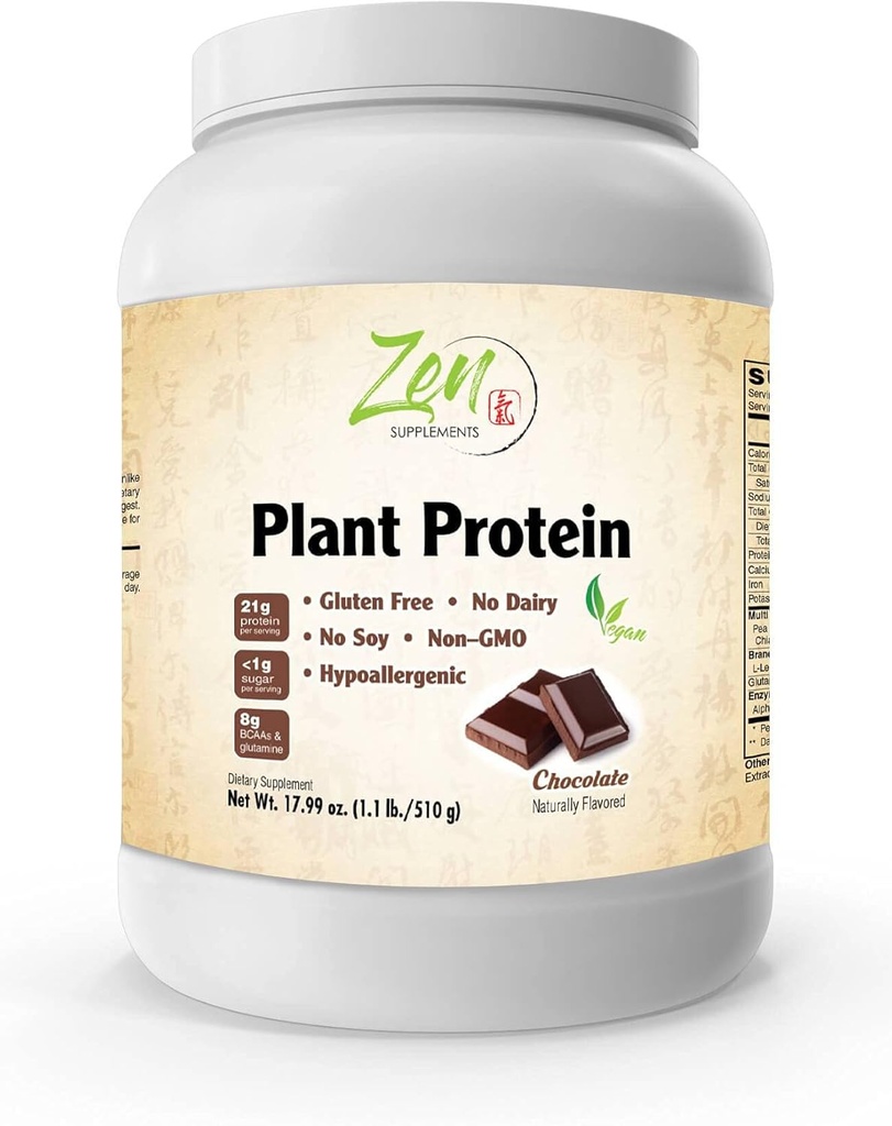 Suppléments Zen - Protéines végétales-chocolat 510G 1.1LB -Powder - 23 grammes de protéines par portion -Vegan, faible teneur en glucides nets, non laitiers, sans gluten, sans lactose, sans sucre ajouté, sans soja, casher, non-OGM