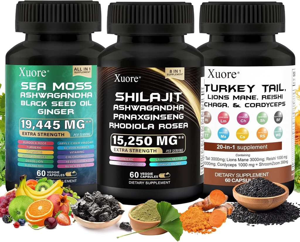 Shilajit,Mousse de Mer, Huile de Graine Noire, Supplément de Champignons & Herbes avec Lions Mane, Turkey Tail, Reishi, Cordyceps, Chaga, Ashwagandha, Ginger, Rhodiola Rosea & Panax Ginseng, Tous en un seul supplément.