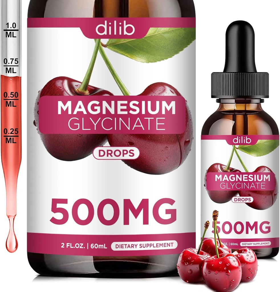 Supplément glycinate de magnésium, gouttes liquides de glycinate de magnésium 500mg avec du calcium, du zinc, de la vitamine B6, D3, L-Theanine, Oméga 3 pour le sommeil, l'humeur, le soulagement du stress, os, muscles, goût de cerise