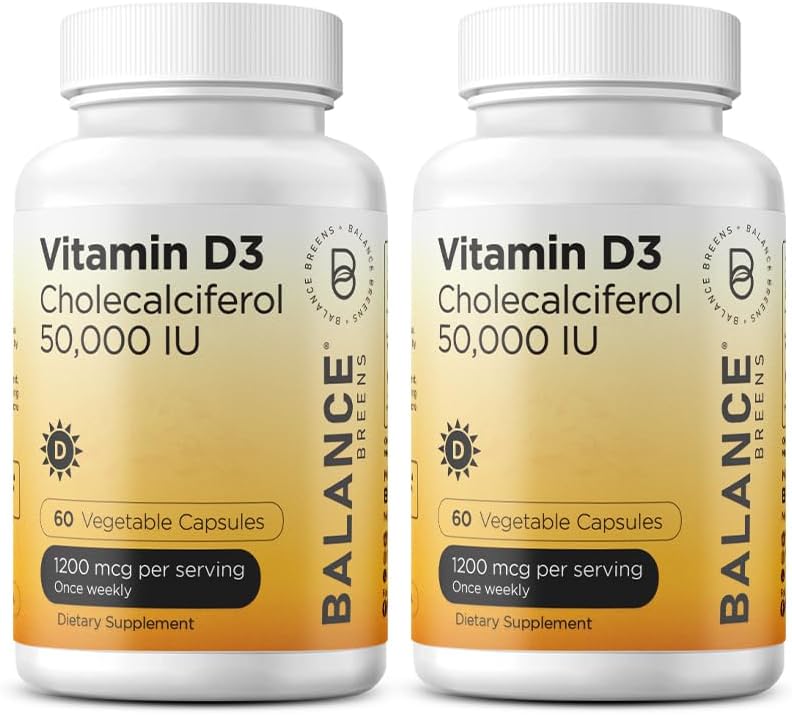 Balancebreens Vitamine D3 50 000 UI, 60 capsules de légumes - haute puissance, soutient la santé immunitaire et osseuse - hebdomadaire une fois (paquet de 2)