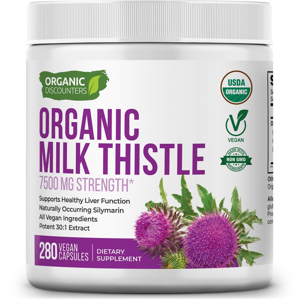 USDA Organic Lait Thistle 30:1 Capsules d'extrait, 280 Capsules Vegan, Riche en silymarins, foie nettoyant et support de détox, extrait 30X normalisé, Fabriqué aux États-Unis