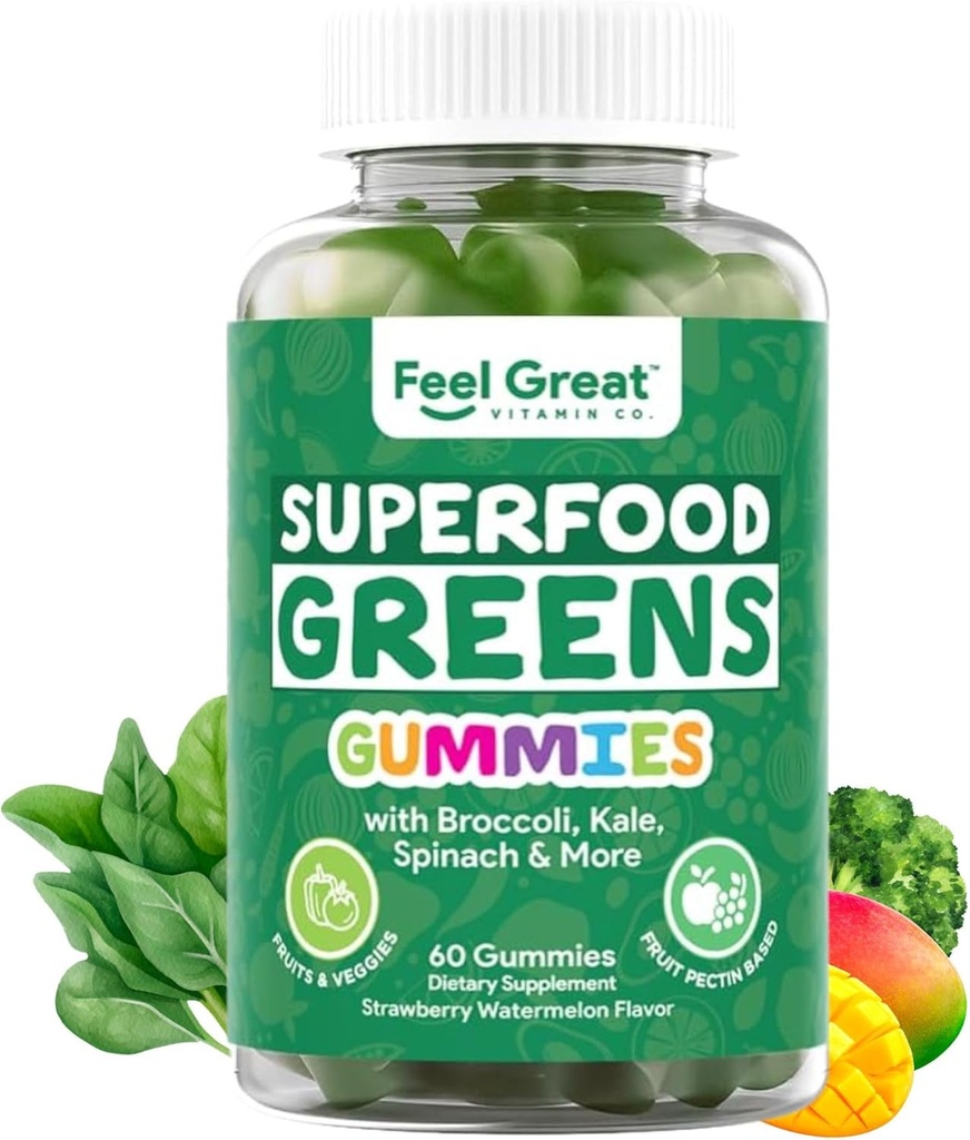 Super Greens Gummies - Supplément Green Superfoods avec épinards, brocolis, Kale, racine de betterave, fraise pour le soutien immunitaire - Supplément Fruits et Légumes - Saveur de pastèque, 60 Gummies