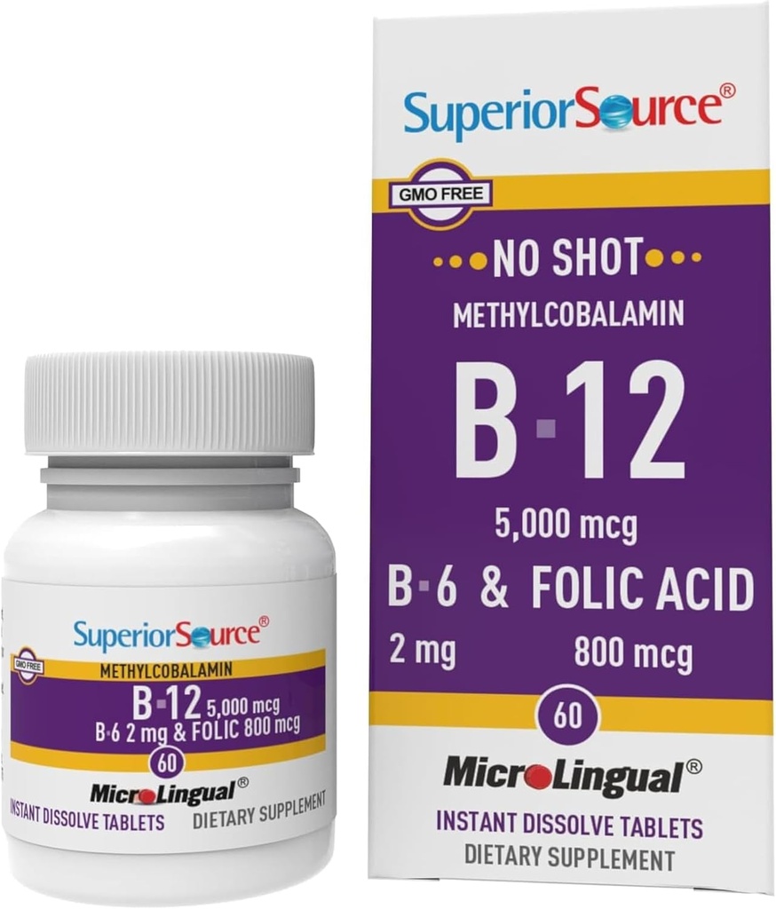 Source supérieure Pas de shot vitamine B12 méthylcobalamine (5000 mcg), B6, acide folique, Dissolve rapide comprimés sublinguals, 60 Ct, Augmenter l'énergie, coeur sain, stimuler le métabolisme, soutien du stress, non-OGM