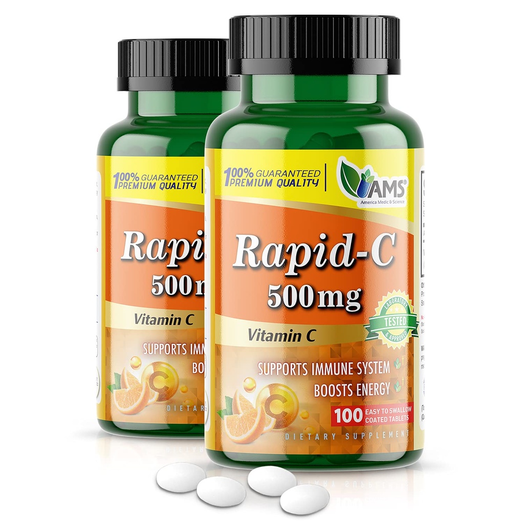 America Medic & Science Rapid-C 500mg supplément de vitamine C (2 pack de 100 comprimés) Booster d'énergie, soutien quotidien du système immunitaire, antioxydant.