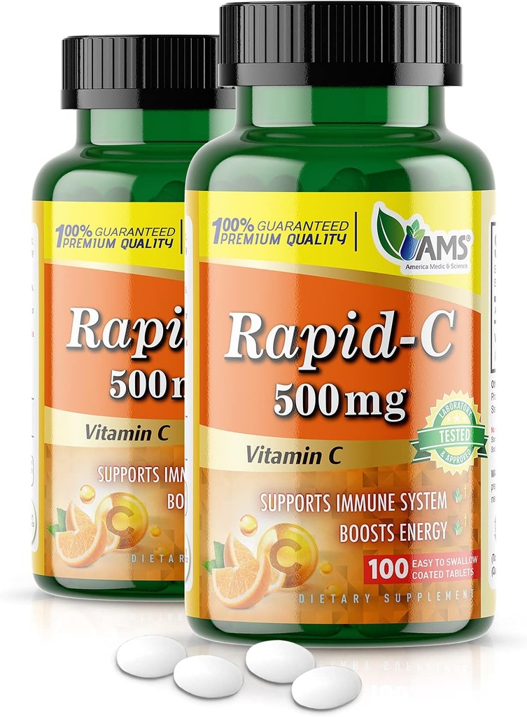 America Medic & Science Rapid-C 500mg supplément de vitamine C (2 pack de 100 comprimés) Booster d'énergie, soutien quotidien du système immunitaire, antioxydant.
