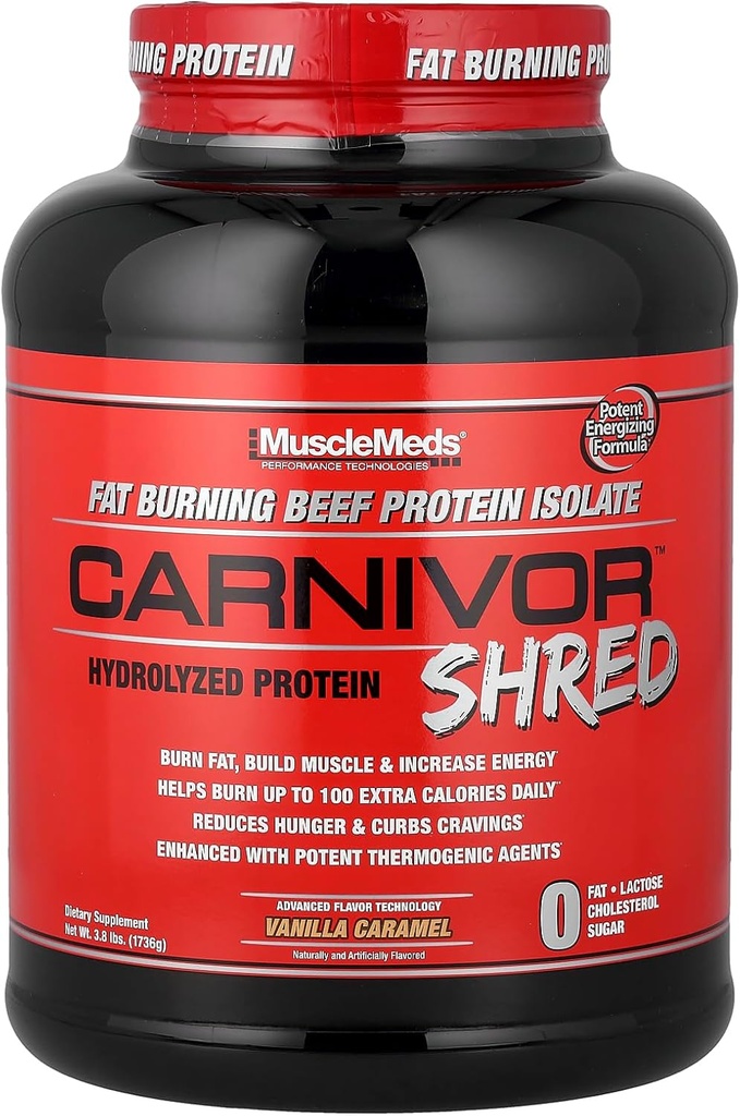 MuscleMeds Carnivor Shred Fat Burning Hydrolized Beef Protein Isolate, 0 Lactose, 0 Sucre, 0 Fat, Halal certifié, Vanilla Caramel, 4 livres, 56 portions