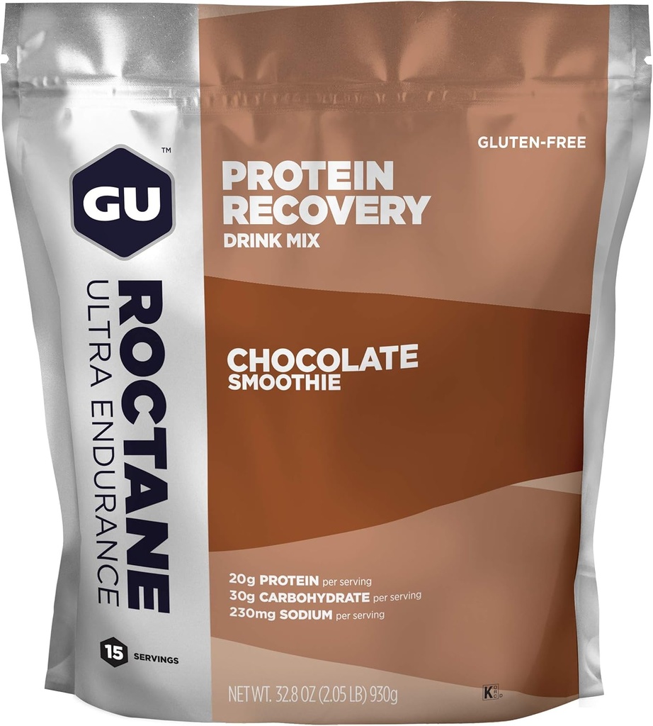 GU Energy Roctane Ultra Endurance Recovery Protein Drink Mix, sans gluten et laiterie casher, Recovery Support Après toute séance d'entraînement, 15-Serving Pouch, Chocolate Smoothie