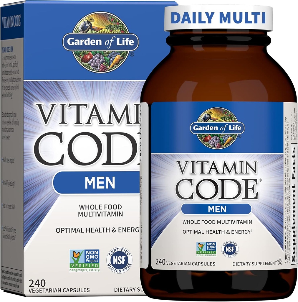 Jardin de la vie Vitamine Code Multivitamine pour les hommes - 240 Capsules, Vitamines pour les hommes, Mélange de légumes de fruits et probiotiques pour l'énergie, le cœur, la santé de la prostate, Multivitamines pour les hommes végétariens