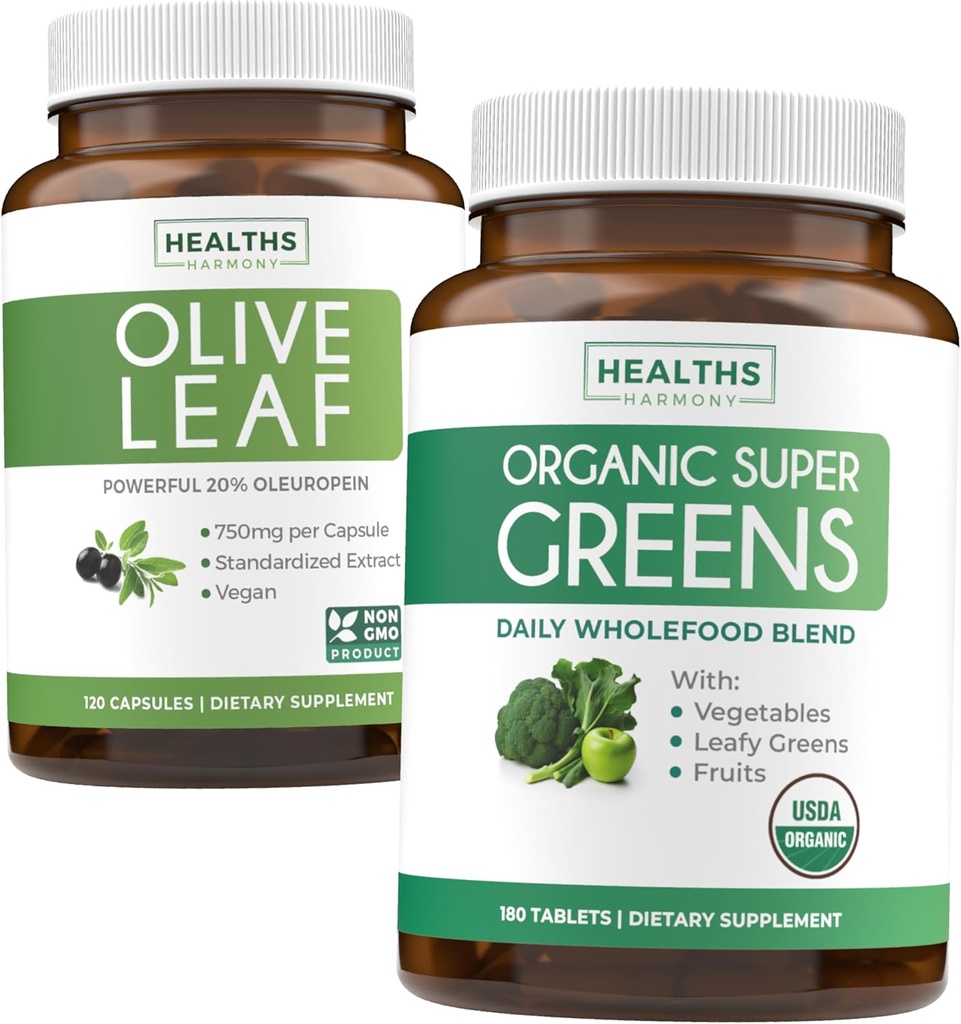 Extrait de feuille d'olive et bio Super Verts (4-Mois d'approvisionnement) Pure Plant Power Bundle of Olive Leaf Extract (120 Capsules) Super Strength & bio Super Verts (180 Tabets) Bio Superfood