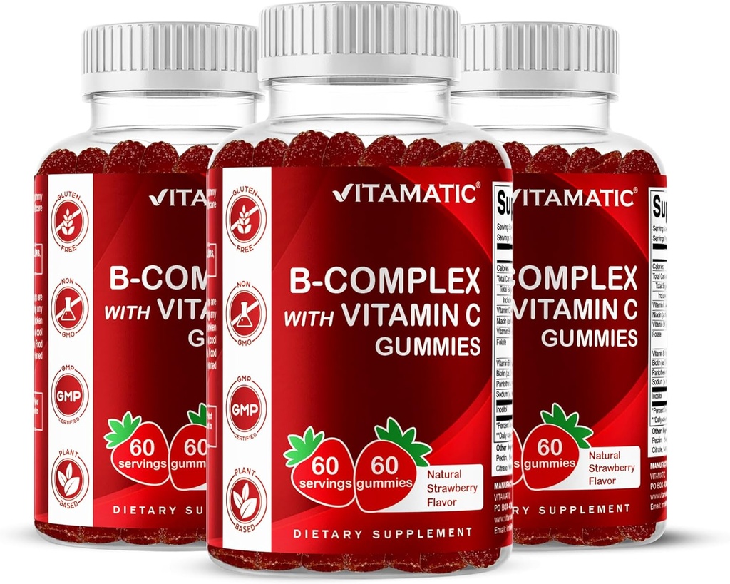 Gommies complexes de vitamine B avec vitamine C et inositol - Saveur de fraise naturelle - 60 Gommies (3 bouteilles)