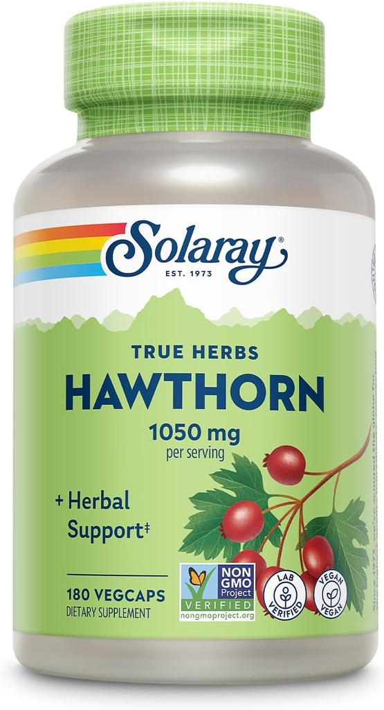 SOLARAY Hawthorn Berry Capsules 1050 mg - Soutien aux herbes apaisantes - Hawthorne Berry Supplément pour le soutien général au mieux-être - Berry entier, végétalien, non-OGM, garantie de 60 jours, 90 portions, 180 VegCaps