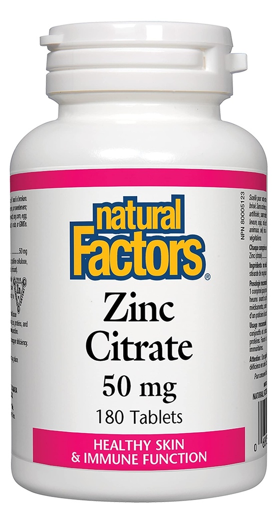Facteurs naturels - Citrate de zinc 50mg, Soutien pour une peau saine et fonction immunitaire, 180 comprimés