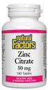 Facteurs naturels - Citrate de zinc 50mg, Soutien pour une peau saine et fonction immunitaire, 180 comprimés