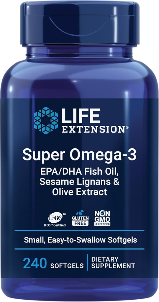 Extension de vie Super Omega-3 EPA/DHA Huile de poisson, sésame Lignans & extrait d'olive – Santé du coeur, Santé du cerveau, Inflammation Soutien de santé, Sans gluten, Facile à avaler, Non-OGM, 240 Softgels