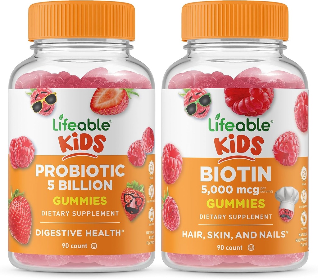 Probiotiques vivants 5 milliards d'enfants + Biotine Enfants, Gummies Bundle - Grande dégustation, supplément de vitamine, sans gluten, sans OGM, gummy à croquer