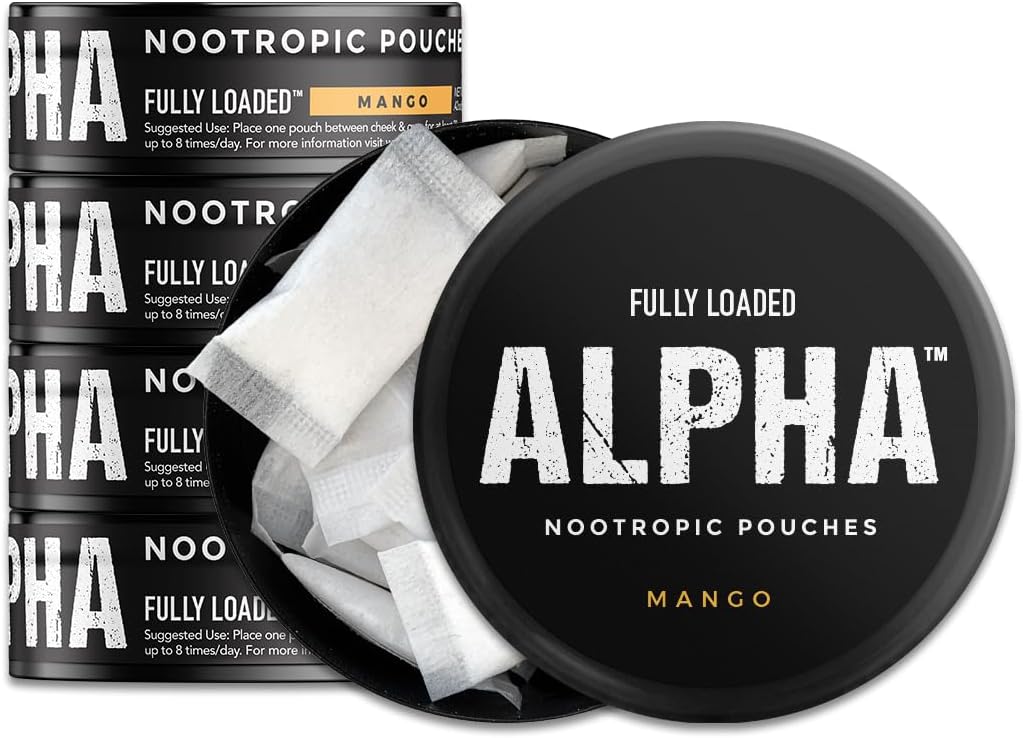 Fully Loaded Alpha Nootropic Pouches (Mango) - 5 Cans - 15 Pouches per can -Effective Nootropic Delivery, Nic Pouch Replacement - Faster Absorption, Alpha GPC, L-Tyrosine, GABA