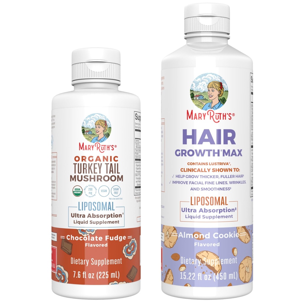 MaryRuth Organics Turkey Tail Mushroom Liposomal (Chocolate Fudge) & Hair Growth MAX (Almond Cookie) | Clean Label Project Verified® | Vitamins for Immunity & Beauty | Vegan, Gluten-Free