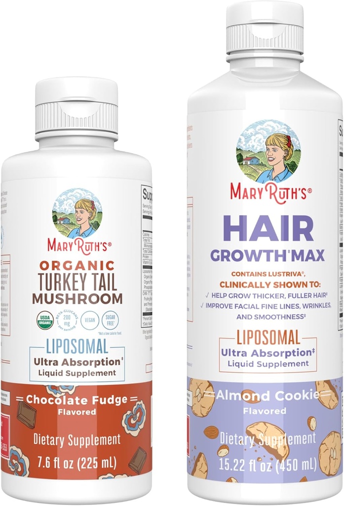 MaryRuth Organics Turkey Tail Mushroom Liposomal (Fudge chocolaté) & Croissance des cheveux MAX (Cookie à l'amande)