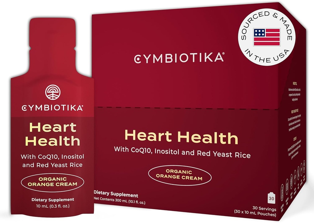 Supplément santé cardiaque CYMBIOTIKA avec CoQ10, Riz de levure rouge et Inositol, Suppléments sans gluten pour soutenir la circulation et le vieillissement, Arôme crème orange biologique, 30 Pack
