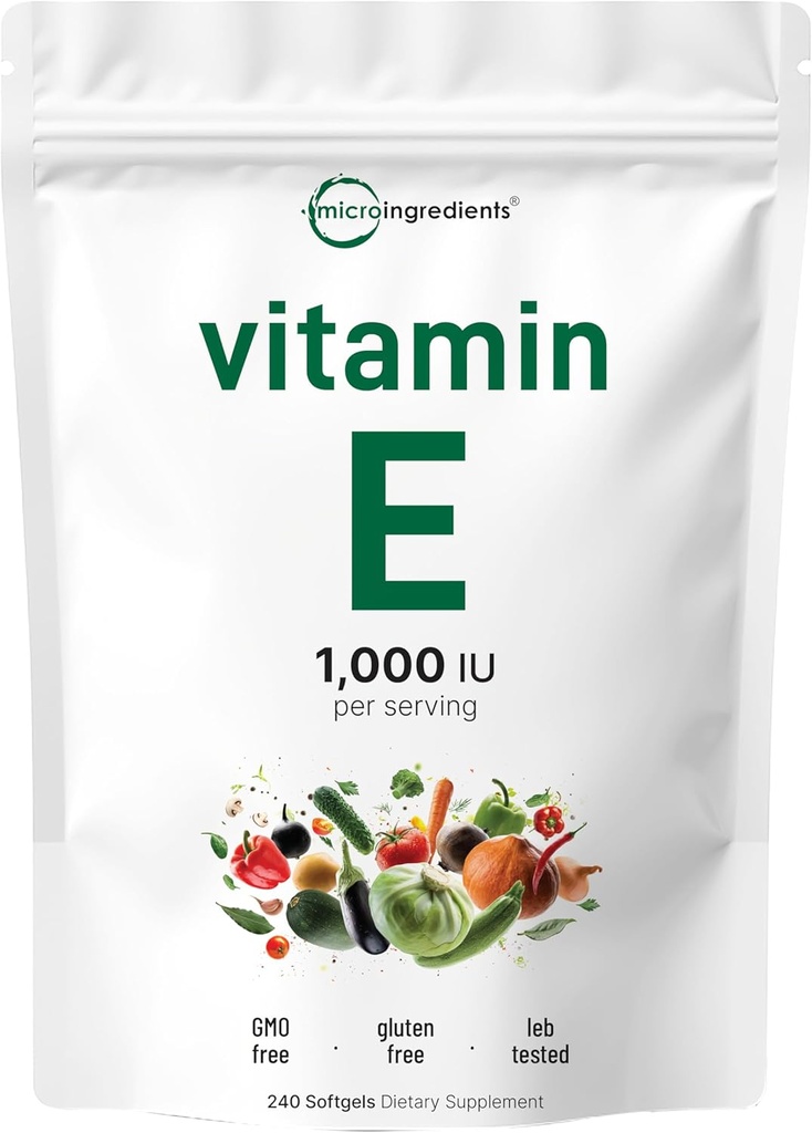 Micro-ingrédients Vitamine E 1000IU, 240 Softgels Pure Vitamine E Huile Pills.com Suppléments antioxydants pour la peau, le visage, le coeur et la santé immunitaire.