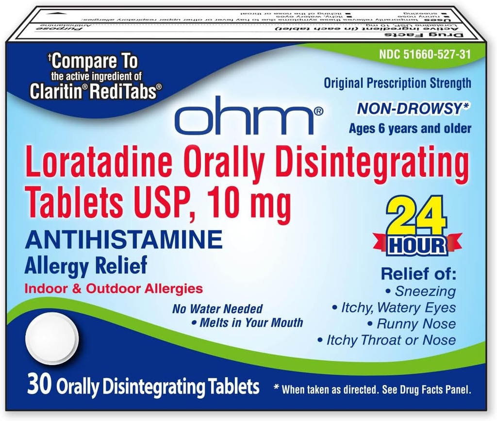Ohm Loratadine 10 mg Allergie Médicament - Non somnolence Allergy Relief toute la journée, Antihistamine 24 heures, Comprimés désintégrant oralement, Relief efficace, pour les 6 ans et plus - 30 Nombre