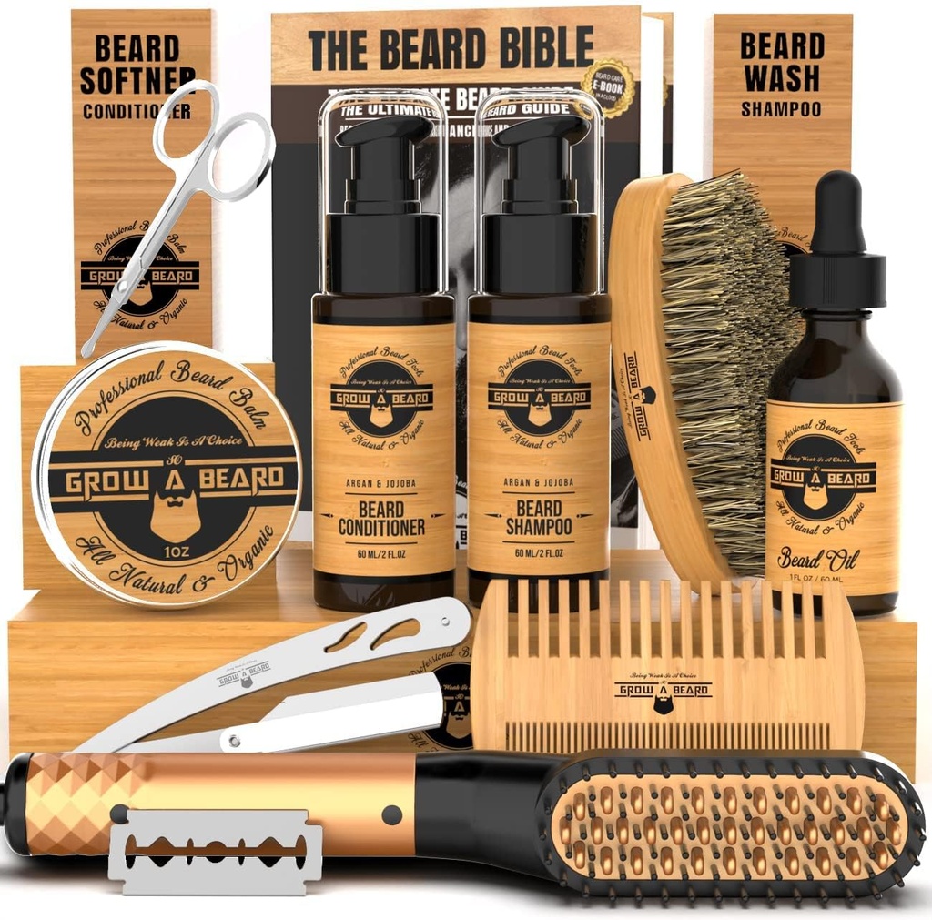 Kit de redressage de la barbe pour les hommes, kit de croissance de la barbe, lavage, brosse et peigne, huile de croissance sans parfum, tout le baume de Chanel naturel, revitalisant, rasoir et ciseaux, grande idée cadeau pour les hommes (Bambou)