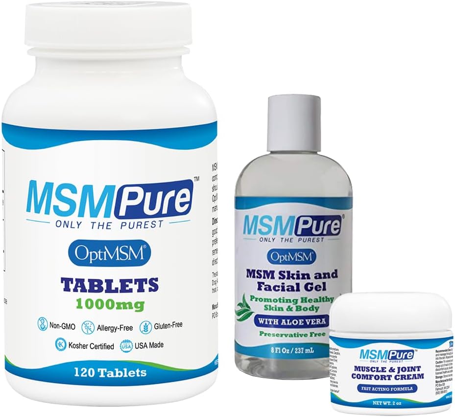 KALA Health MSMPure Starter Bundle avec comprimés MSM 120 Count, MSM Muscle & Joint Cream 2oz et MSM Gel avec Aloe biologique 8oz