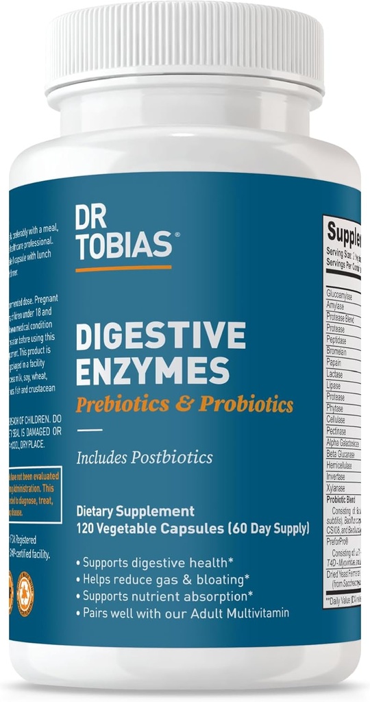 Dr Tobias Enzymes digestifs avec probiotiques, prébiotiques et postbiotiques Bromelain, Amylase, Lipase, pour une meilleure digestion et fonction immunitaire, 120 Capsules 60 portions (2 par jour)