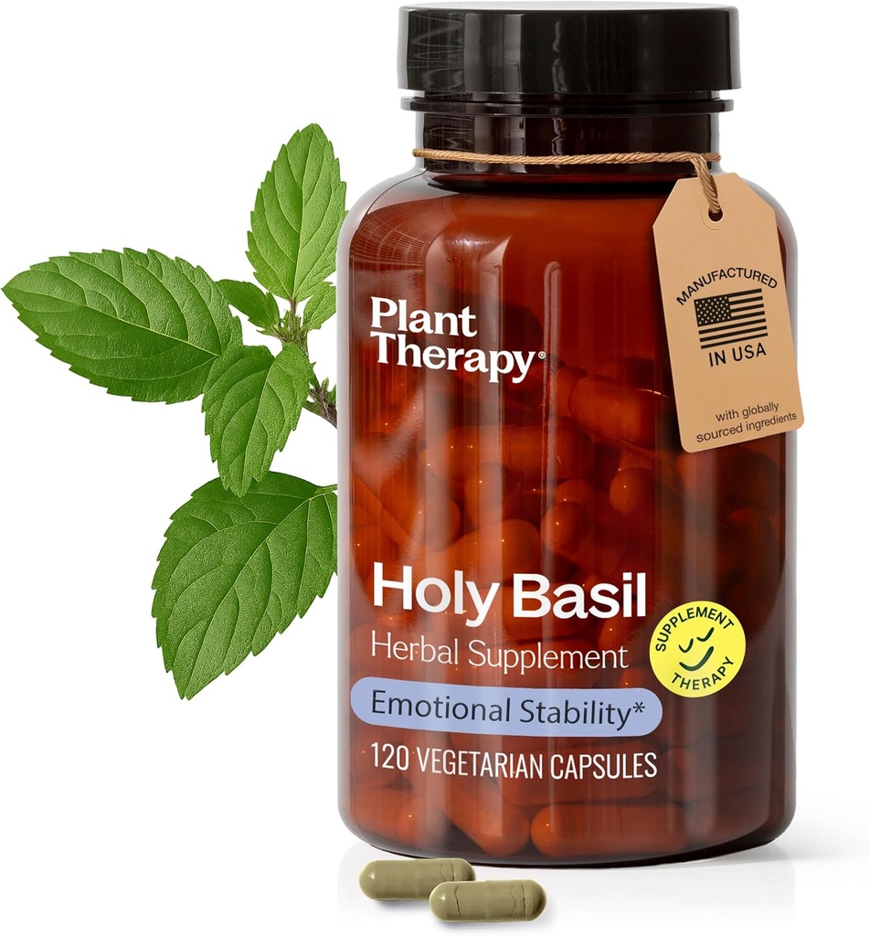 Plant Therapy Holy Basil Capsules Manufactured in USA 4 Month Supply Supports Emotional Stability, Positive Mood, Combats Fatigue & Mental Tension Supplements for Women & Men 120 Vegetarian Capsule
