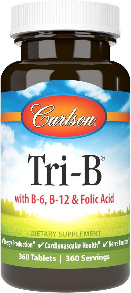 Carlson - Tri-B, Complexe Vitamine B, 25 mg Vitamine B-6, 400 mcg Vitamine B-12, Pills d'énergie acide folique, Promouvoir la santé cardiovasculaire, Vitamines complexes B, Supplément B12, Complexe Vitamine B, 360 comprimés