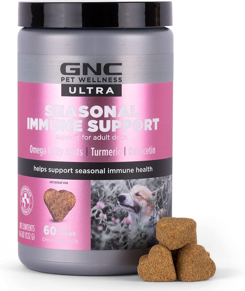 Animaux de compagnie GNC Ultra Saisonnier Immune Soutien Chews Soft Dog dans l'arôme de poulet, Immune Booster pour chiens comprend acides gras oméga, curcuma et quercétine, 60 comte