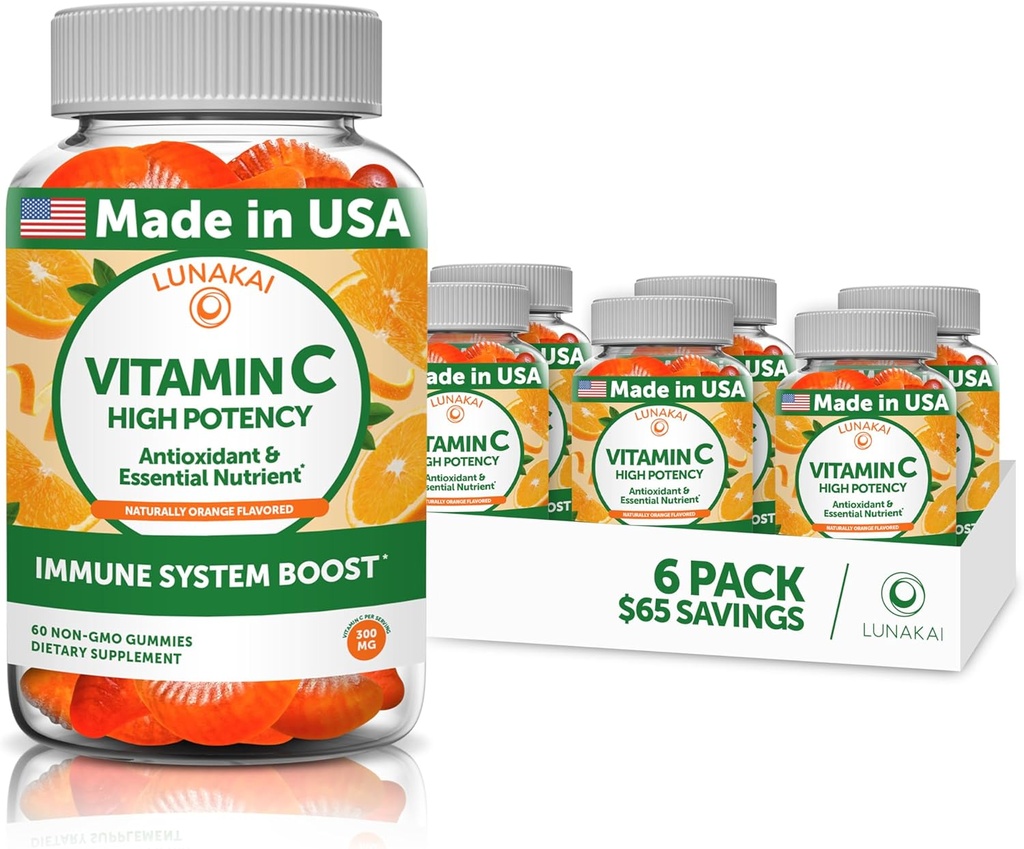 Lunakai Vitamin C Gummies for Adults and Kids - Organic VIT C Vegan Chewable Gummy Vitamins - 250 mg Adult, Children, Toddler Chews - 6 Pack