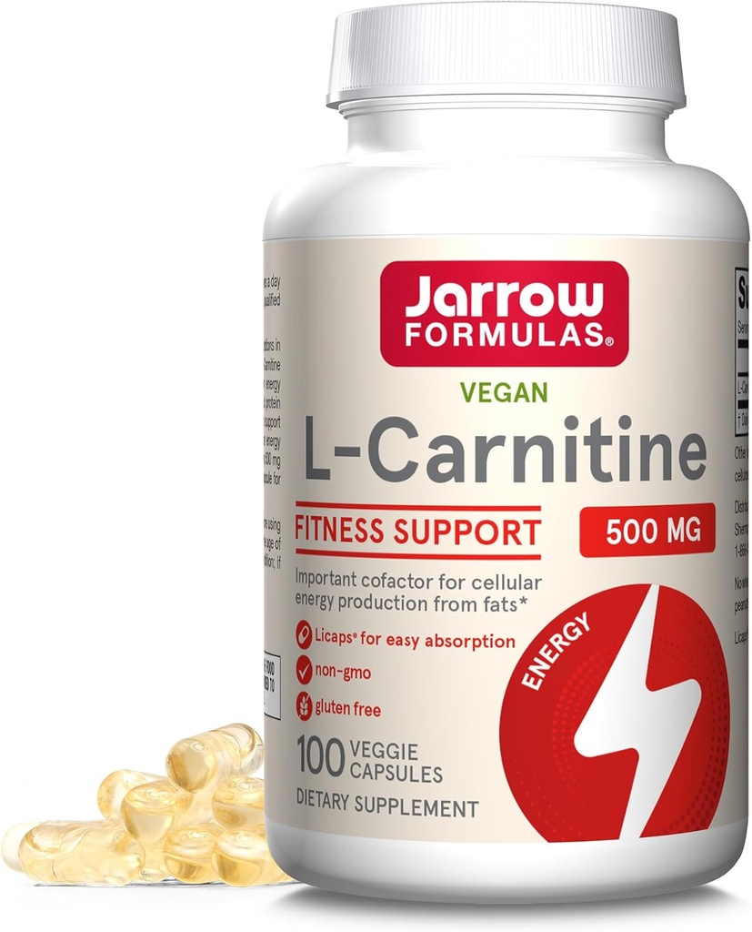 Jarrow Formulas L-Carnitine 500 mg - 100 Veggie Licaps - Important Cofactor for Energy Production (ATP) from Fats - Vegan - Up to 100 Servings