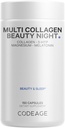 Codeage Multi Collagène Protein Beauty Night - Mélatonine, Magnésium Bisglycinate, 5-HTP, L-Theanine, Fleur de Lavande Anglaise, Broth Osé - Vitamines - Supplément - Pills de Sommeil - Non-OGM - 150 Capsules