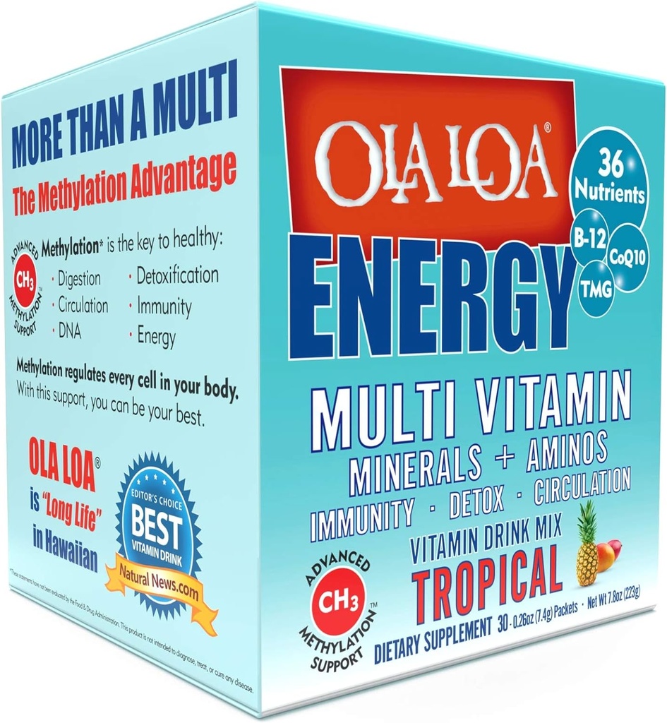 Ola Loa Energy Mélange de boissons multivitamines tropicales - Amino Energy Poudre, sans gluten, sans détox, sans lait, sans caféine - Buvez vos vitamines pour les rigueurs de la vie quotidienne - 30 paquets (8.25oz)