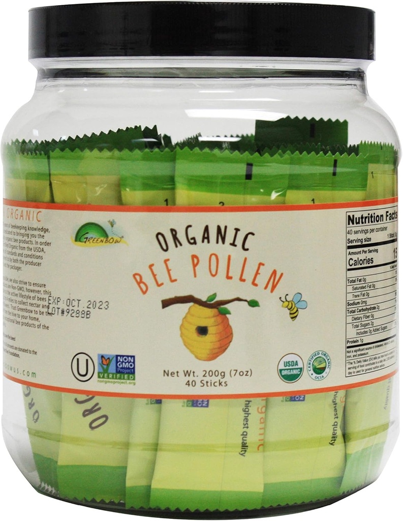 Pollen bio d'abeilles Greenbow - 100% certifié USDA biologique, non-OGM, halal, kasher certifié, pur et naturel de l'abeille Pollen - Superaliment emballé avec des protéines, des vitamines et des minéraux - sans gluten –5g x 40stick